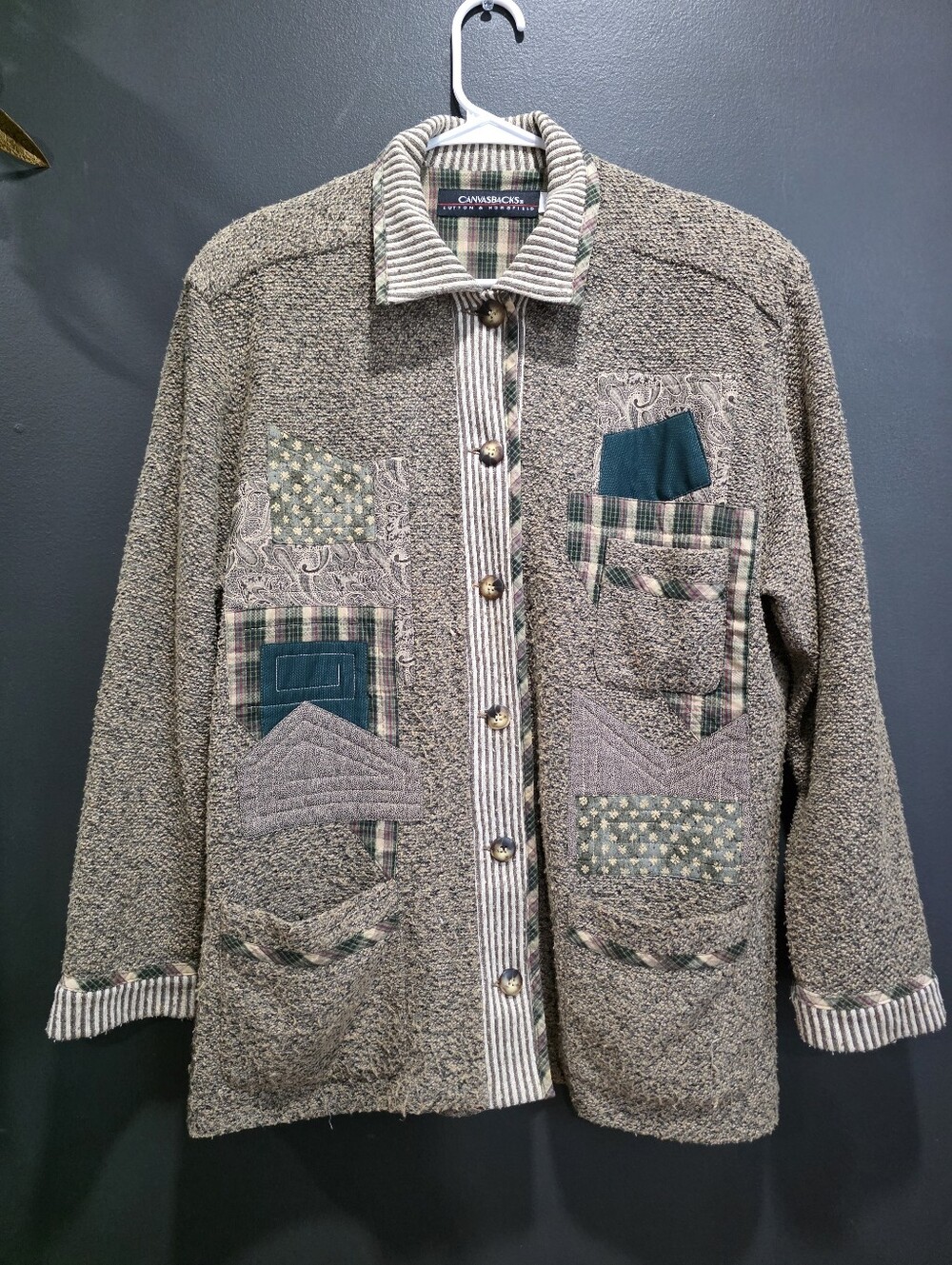 Canvasbacks Tweed Style Patchwork Cardigan Sz L Mixed Media Unisex Cottage